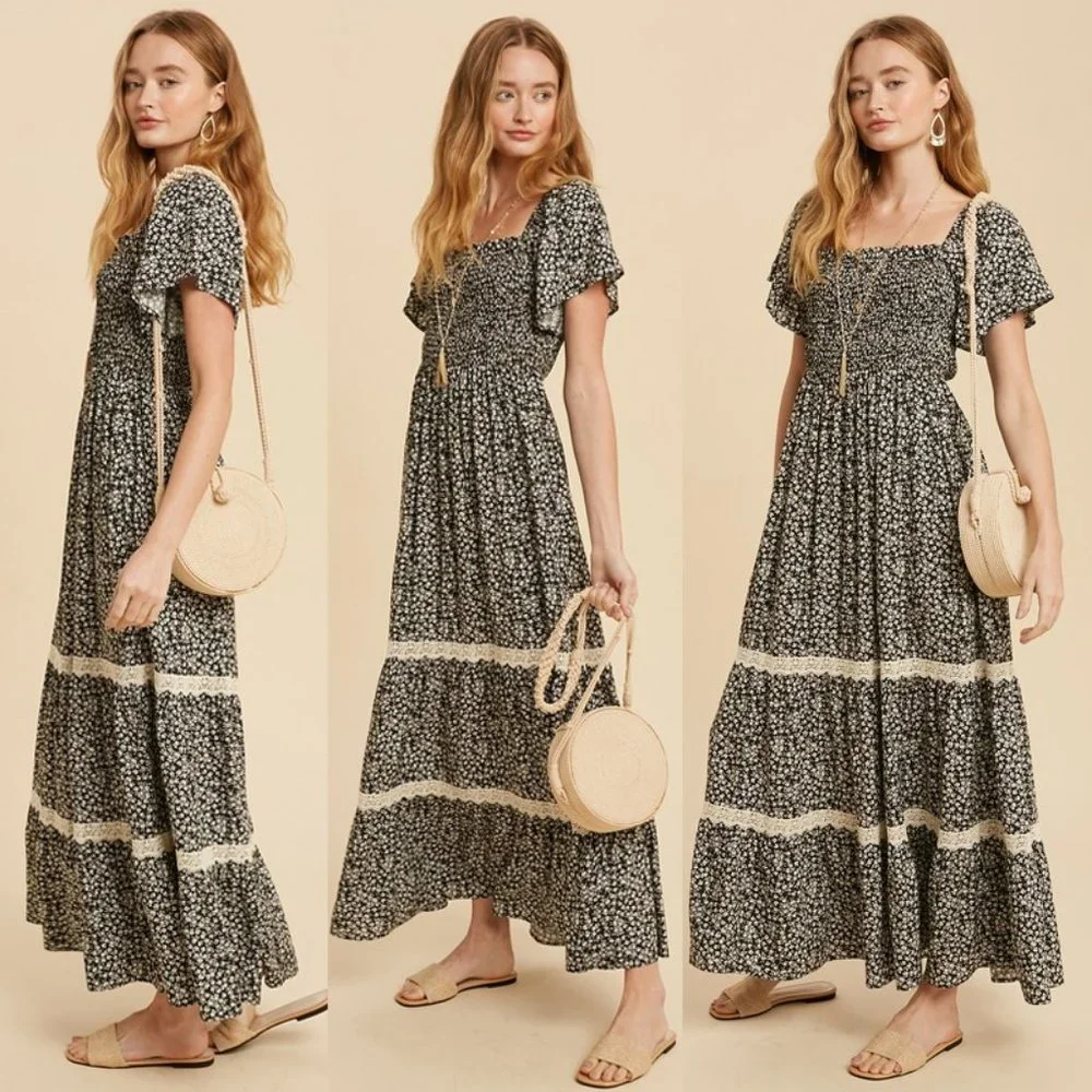 NEW Black Ditsy Floral Smock Square Neck Bodice Lace Trim Skirt Boho Maxi Dress - Picture 8 of 11